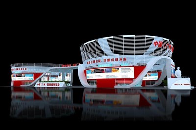 504平米展臺設(shè)計制作：四面開口/現(xiàn)代/木質(zhì)結(jié)構(gòu)/紅色，為成就招商展展商而作（免費使用）