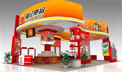 150平米展臺(tái)設(shè)計(jì)制作：四面開口/現(xiàn)代/木質(zhì)結(jié)構(gòu)/紅色，為食品展展商而作（免費(fèi)使用）