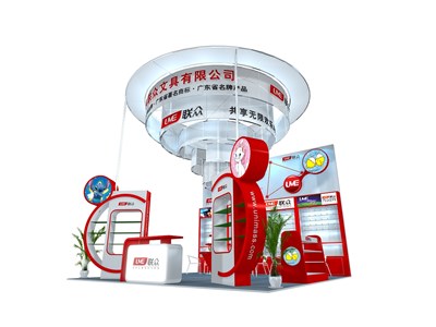 36平米展臺設(shè)計制作：三面開口/現(xiàn)代/木質(zhì)結(jié)構(gòu)/紅色，為文具圖書展展商而作（免費(fèi)使用）