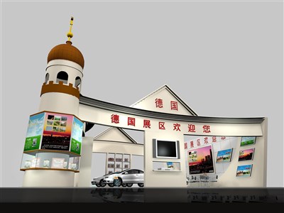 144平米展臺設計制作：三面開口/歐式/木質結構/米色，為成就招商展展商而作（免費使用）