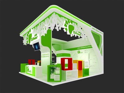 36平米展臺設(shè)計制作：三面開口/現(xiàn)代/木質(zhì)結(jié)構(gòu)/綠色，為文具圖書展展商而作（免費(fèi)使用）