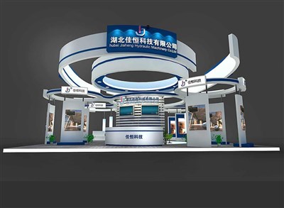 144平米展臺設計制作：四面開口/現代/木質結構/藍色，為汽配展展商而作（免費使用）