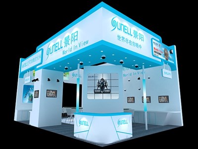 72平米展臺設(shè)計制作：三面開口/現(xiàn)代/木質(zhì)結(jié)構(gòu)/藍色，為安防展展商而作（免費使用）