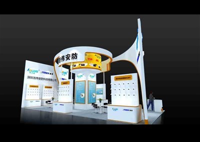 72平米展臺(tái)設(shè)計(jì)制作：三面開口/現(xiàn)代/木質(zhì)結(jié)構(gòu)/白色，為安防展展商而作（免費(fèi)使用）