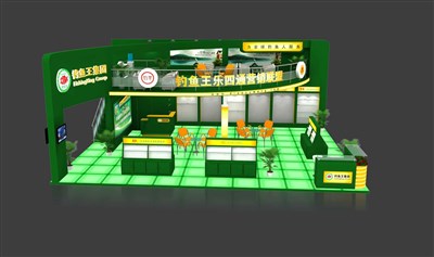 108平米展臺設計制作：三面開口/現(xiàn)代/木質結構/綠色，為釣具展展商而作（免費使用）