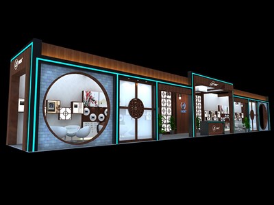 72平米展臺設(shè)計制作：三面開口/中式/木質(zhì)結(jié)構(gòu)/咖啡色，為安防展展商而作（免費使用）