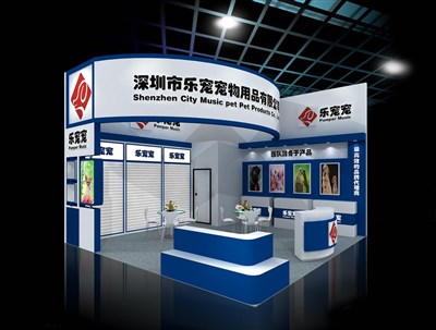 36平米展臺設計制作：二面開口/現代/木質結構/藍色，為寵物水族展展商而作（免費使用）