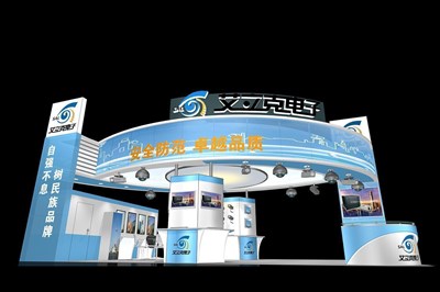 72平米展臺設計制作：三面開口/前衛(wèi)/木質結構/藍色，為安防展展商而作（免費使用）