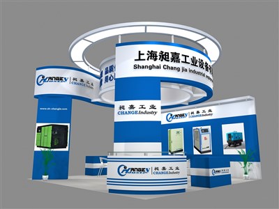 36平米展臺設(shè)計制作：三面開口/現(xiàn)代/木質(zhì)結(jié)構(gòu)/藍色，為汽配展展商而作（免費使用）