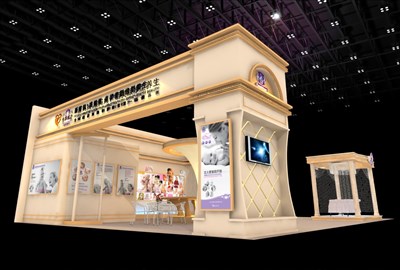 108平米展臺設(shè)計制作：三面開口/歐式/木質(zhì)結(jié)構(gòu)/米色，為美博會展商而作（免費(fèi)使用）