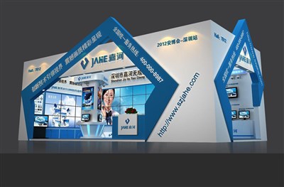 72平米展臺設(shè)計制作：二面開口/現(xiàn)代/木質(zhì)結(jié)構(gòu)/藍色，為安防展展商而作（免費使用）