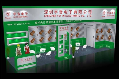30平米展臺設(shè)計制作：二面開口/現(xiàn)代/木質(zhì)結(jié)構(gòu)/綠色，為樂器展展商而作（免費(fèi)使用）