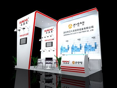 18平米展臺設(shè)計制作：三面開口/現(xiàn)代/木質(zhì)結(jié)構(gòu)/白色，為安防展展商而作（免費使用）