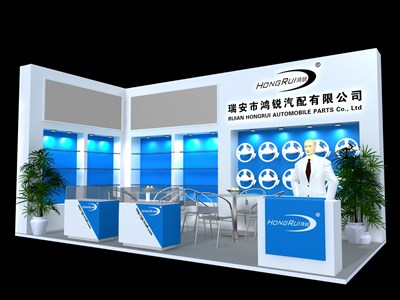 18平米展臺設計制作：二面開口/現(xiàn)代/木質結構/藍色，為汽配展展商而作（免費使用）