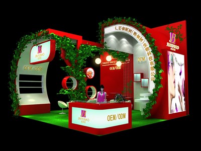 36平米展臺設計制作：三面開口/田園/木質(zhì)結(jié)構(gòu)/紅色，為美博會展商而作（免費使用）