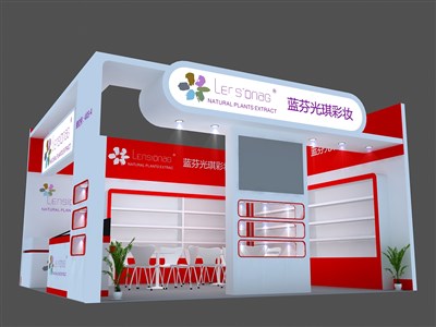 33平米展臺設(shè)計(jì)制作：二面開口/現(xiàn)代/木質(zhì)結(jié)構(gòu)/白色，為美博會展商而作（免費(fèi)使用）