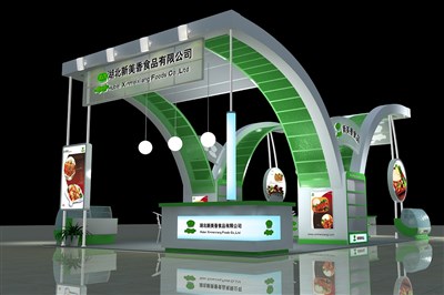 60平米展臺(tái)設(shè)計(jì)制作：四面開(kāi)口/前衛(wèi)/木質(zhì)結(jié)構(gòu)/綠色，為食品展展商而作（免費(fèi)使用）