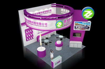 36平米展臺設(shè)計制作：三面開口/現(xiàn)代/木質(zhì)結(jié)構(gòu)/紫色，為安防展展商而作（免費使用）