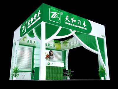 36平米展臺設計制作：三面開口/現代/木質結構/綠色，為食品展展商而作（免費使用）