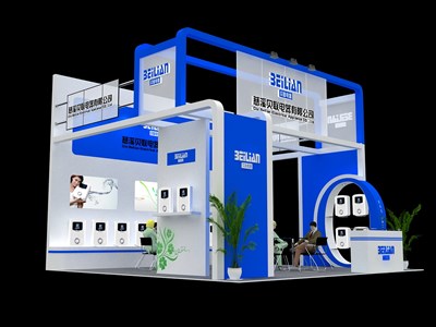 36平米展臺設(shè)計(jì)制作：三面開口/現(xiàn)代/木質(zhì)結(jié)構(gòu)/藍(lán)色，為家電展展商而作（免費(fèi)使用）