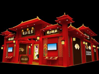 117平米展臺設(shè)計制作：二面開口/中式/木質(zhì)結(jié)構(gòu)/紅色，為食品展展商而作（免費(fèi)使用）