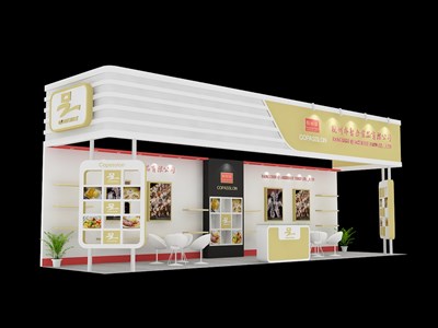 36平米展臺(tái)設(shè)計(jì)制作：三面開(kāi)口/現(xiàn)代/木質(zhì)結(jié)構(gòu)/米色，為食品展展商而作（免費(fèi)使用）