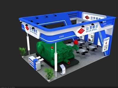54平米展臺設(shè)計制作：三面開口/現(xiàn)代/木質(zhì)結(jié)構(gòu)/藍(lán)色，為機(jī)械展展商而作（免費使用）