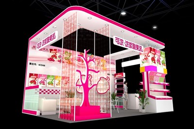 24平米展臺(tái)設(shè)計(jì)制作：三面開(kāi)口/現(xiàn)代/木質(zhì)結(jié)構(gòu)/粉色，為食品展展商而作（免費(fèi)使用）