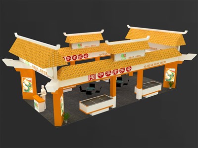 72平米展臺設(shè)計制作：四面開口/中式/木質(zhì)結(jié)構(gòu)/黃色，為食品展展商而作（免費使用）