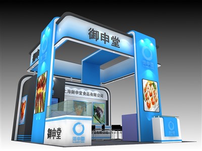 36平米展臺設計制作：三面開口/現代/木質結構/藍色，為食品展展商而作（免費使用）