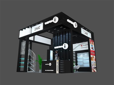 36平米展臺(tái)設(shè)計(jì)制作：三面開口/現(xiàn)代/木質(zhì)結(jié)構(gòu)/黑色，為日用品展展商而作（免費(fèi)使用）