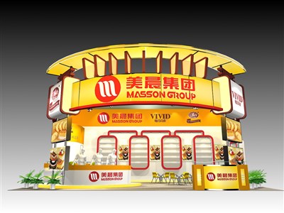 60平米展臺設計制作：三面開口/現(xiàn)代/木質(zhì)結(jié)構/黃色，為食品展展商而作（免費使用）