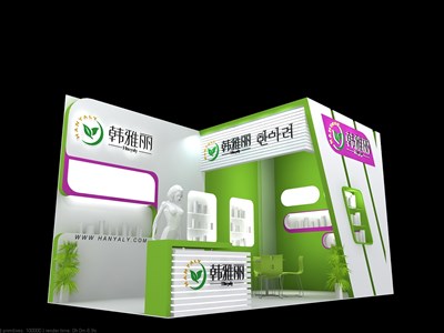 18平米展臺設(shè)計制作：二面開口/現(xiàn)代/木質(zhì)結(jié)構(gòu)/彩色，為美博會展商而作（免費使用）