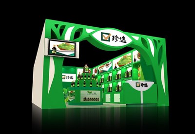28平米展臺設(shè)計制作：一面開口/現(xiàn)代/木質(zhì)結(jié)構(gòu)/綠色，為食品展展商而作（免費使用）