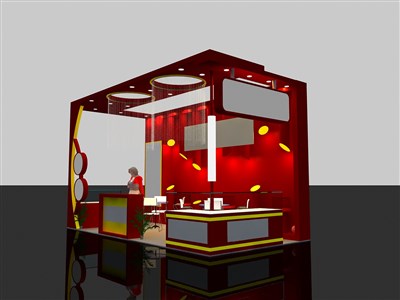 18平米展臺設(shè)計制作：三面開口/現(xiàn)代/木質(zhì)結(jié)構(gòu)/紅色，為食品展展商而作（免費使用）