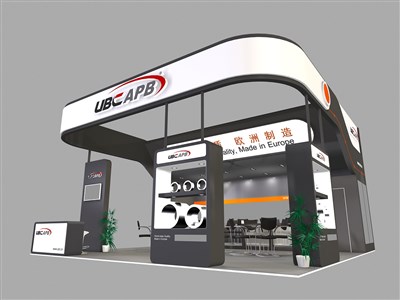 64平米展臺設(shè)計制作：三面開口/現(xiàn)代/木質(zhì)結(jié)構(gòu)/黑色，為機械展展商而作（免費使用）
