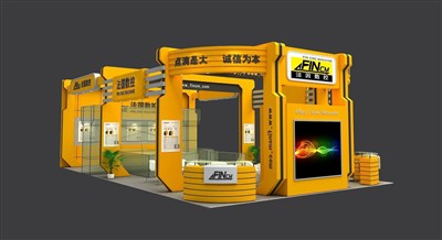 135平米展臺(tái)設(shè)計(jì)制作：三面開(kāi)口/現(xiàn)代/木質(zhì)結(jié)構(gòu)/黃色，為機(jī)械展展商而作（免費(fèi)使用）