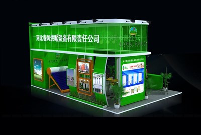 54平米展臺設計制作：三面開口/現(xiàn)代/木質(zhì)結構/綠色，為家電展展商而作（免費使用）
