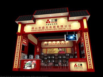 36平米展臺設(shè)計制作：三面開口/中式/木質(zhì)結(jié)構(gòu)/紅色，為家電展展商而作（免費使用）