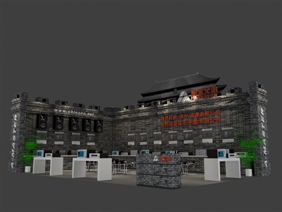 70平米展臺設(shè)計制作：二面開口/中式/木質(zhì)結(jié)構(gòu)/灰色，為家電展展商而作（免費使用）