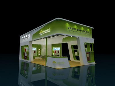 72平米展臺設計制作：三面開口/現(xiàn)代/木質結構/綠色，為家電展展商而作（免費使用）