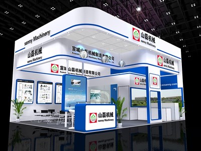 48平米展臺(tái)設(shè)計(jì)制作：二面開口/現(xiàn)代/木質(zhì)結(jié)構(gòu)/藍(lán)色，為汽配展展商而作（免費(fèi)使用）