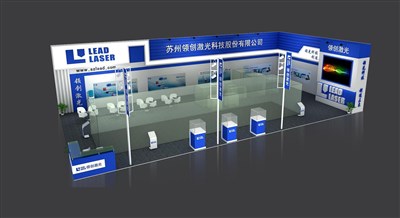 200平米展臺設計制作：二面開口/現(xiàn)代/木質結構/藍色，為機械展展商而作（免費使用）