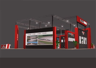 225平米展臺設計制作：四面開口/現(xiàn)代/桁架結(jié)構(gòu)/紅色，為家電展展商而作（免費使用）