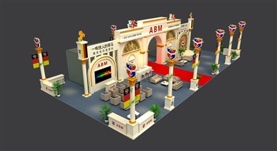 288平米展臺設(shè)計(jì)制作：四面開口/歐式/木質(zhì)結(jié)構(gòu)/白色，為機(jī)械展展商而作（免費(fèi)使用）