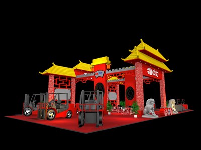 200平米展臺設計制作：四面開口/中式/木質(zhì)結(jié)構/紅色，為汽配展展商而作（免費使用）