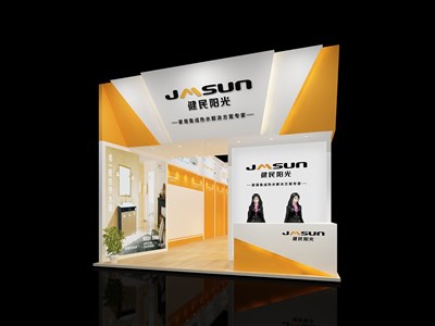82.5平米展臺設(shè)計制作：一面開口/現(xiàn)代/木質(zhì)結(jié)構(gòu)/黃色，為家電展展商而作（免費使用）