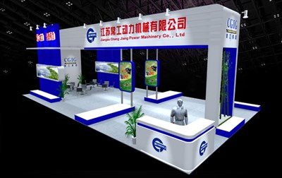 112平米展臺(tái)設(shè)計(jì)制作：四面開口/現(xiàn)代/木質(zhì)結(jié)構(gòu)/藍(lán)色，為機(jī)械展展商而作（免費(fèi)使用）