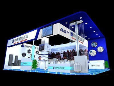 65平米展臺設(shè)計制作：二面開口/現(xiàn)代/木質(zhì)結(jié)構(gòu)/藍色，為機械展展商而作（免費使用）