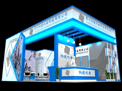 60平米展臺(tái)設(shè)計(jì)制作：二面開(kāi)口/現(xiàn)代/木質(zhì)結(jié)構(gòu)/藍(lán)色，為機(jī)械展展商而作（免費(fèi)使用）